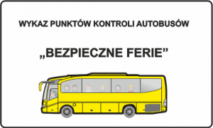 Żółty autobus na białym tle. Rysunek opatrzony napisem Wykaz Punktów Kontroli Autobusów